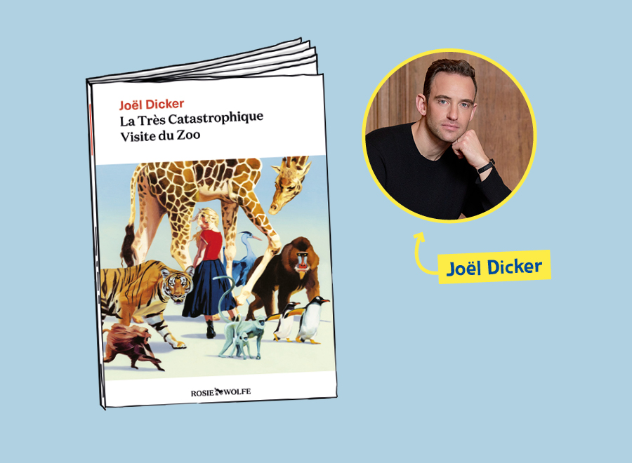 Première de couverture du livre La Très Catastrophique visite du zoo de Joël Dicker et une photo de lui.