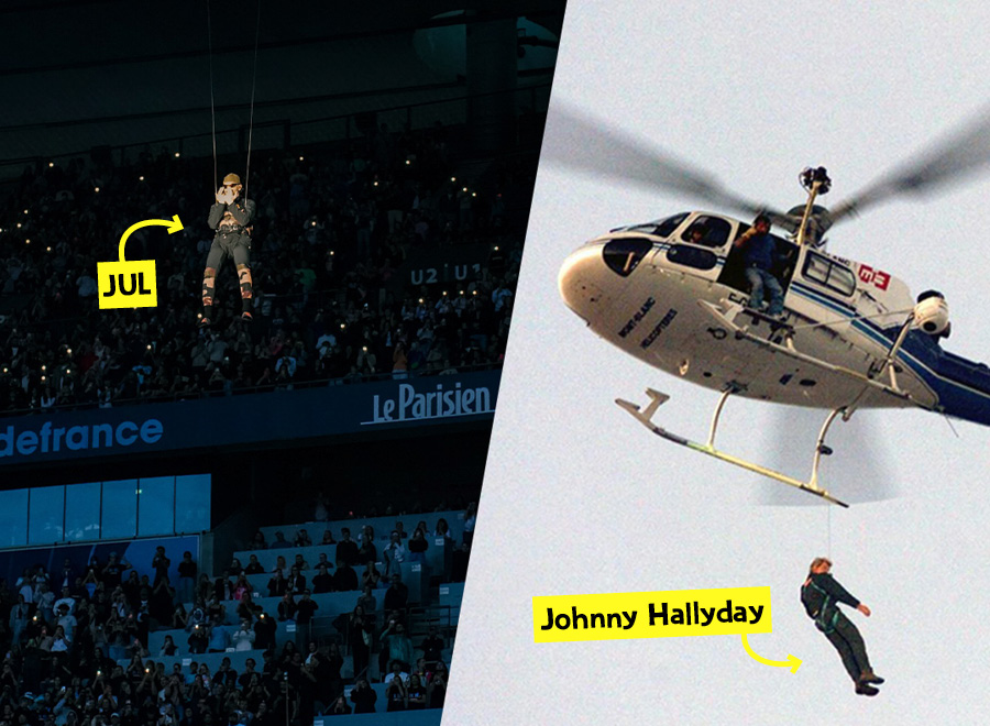 Comparatif de Jul et Johnny Hallyday qui descendent tous les deux suspendus grâce à un fil 