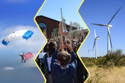Image faite de 3 photos. À gauche : le parachutiste encore en vol. Au centre, les joueurs avec leur trombonne en main. à droite des éoliennes.