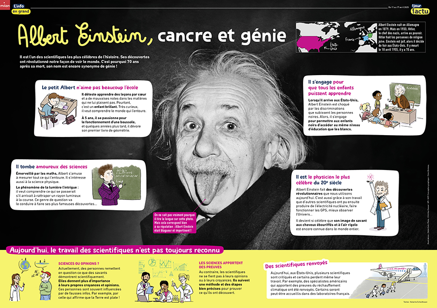 Un grand article sur la vie d'Albert Einstein, au centre, une photo du scientifique qui tire la langue.