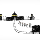 Des hommes à pied, enchainés et surveillés par un militaire se dirigent vers l'entrée d'un bâtiment très sombre. Il y a aussi un train qui se dirige vers se bâtiment qui est un camp de concentration.