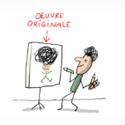 Un artiste dessine sur sa toile un autoportrait.