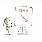 Un garçon présente un tableau avec écrit dessus "TDAH".
