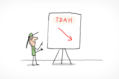 Un garçon présente un tableau avec écrit dessus "TDAH".