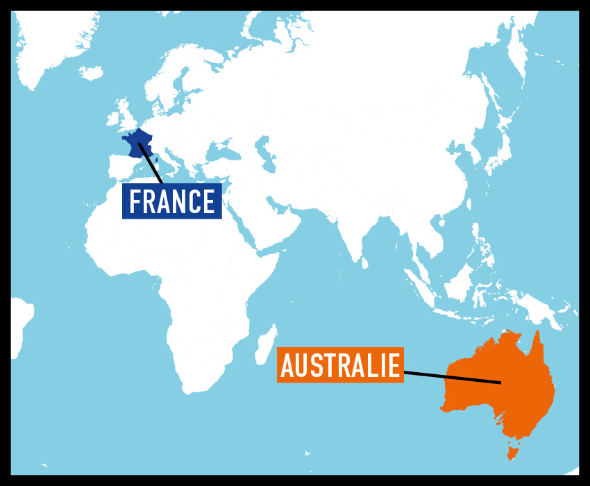 Carte pour situer l'Australie par rapport à la France