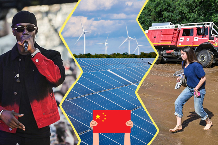 Image réunissant 3 photos. À gauche : le rappeur Werenoi au micro, au centre, un champ photovoltaïque avec des éoliennes au loin. À droite, une personne marchant pieds nus dans la boue au Lavandou.