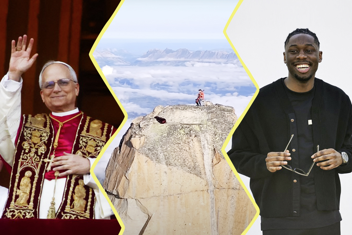 Image faite de 3 photos. À gauche, le pape Léon XIV saluant la foule. Au centre, le violoncelliste jouant sur le Mont Blanc. À droite, le rappeur Tiakoa, ses lunettes de soleil à la main.