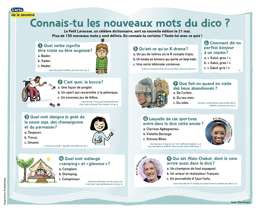 Un article illustré sur les nouveaux mots du dictionnaire présenté sous la forme d'un quiz.