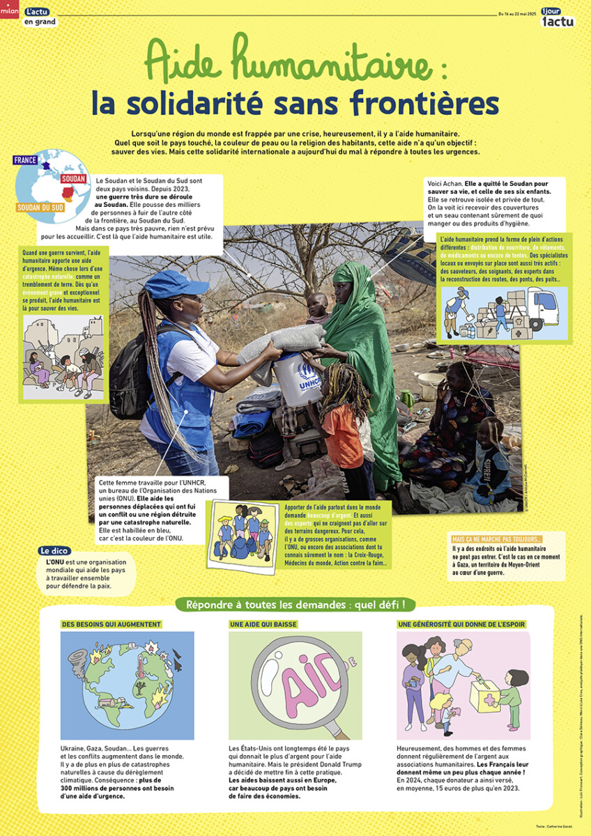 Un grand article sur l'aide humanitaire avec une photo décodée au centre.