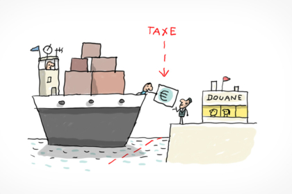 Un bateau arrive au port et paye une taxe.