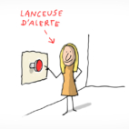 Une femme s'apprête à appuyer sur un gros bouton rouge pour déclencher une alarme.