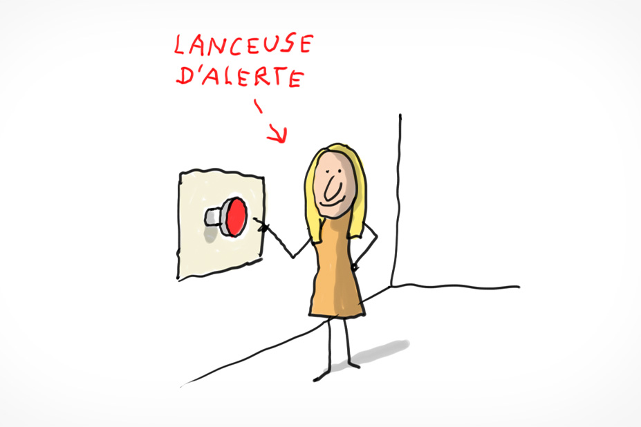 Une femme s'apprête à appuyer sur un gros bouton rouge pour déclencher une alarme.