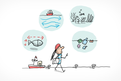 Un océanographe montre tous les aspects de son métier dans des bulles : étudier les poissons, connaître les fonds marins, étudier la pollution des océans et étudie les flux maritimes.