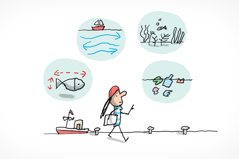 Un océanographe montre tous les aspects de son métier dans des bulles : étudier les poissons, connaître les fonds marins, étudier la pollution des océans et étudie les flux maritimes.