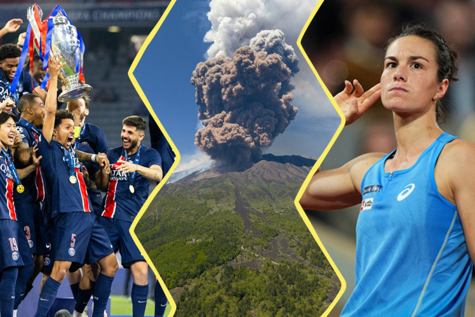 Image construite à partir de 3 photos. À gauche : les joueurs du PSG fous de joie en soulevant leur coupe. Au centre : la fumée s'élevant de l'Etna. À droite : Lois Boisson après un coup gagnant.