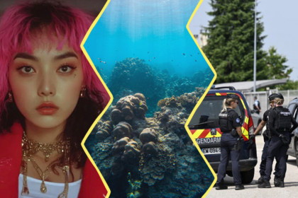 Image construite à partir de 3 photos. À gauche, Tata, la chanteuse IA. Au centre : une photo d'océan. À droite : les policiers devant le collège de Nogent.