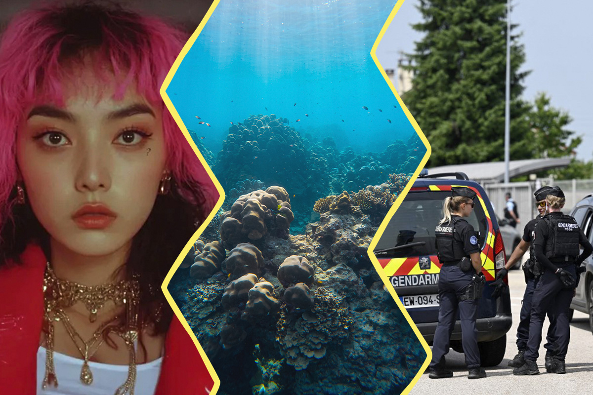 Image construite à partir de 3 photos. À gauche, Tata, la chanteuse IA. Au centre : une photo d'océan. À droite : les policiers devant le collège de Nogent.