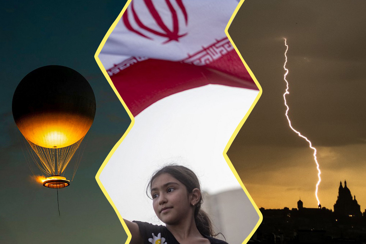 3 photos : la vasque olympique s'élève dans le ciel de Paris. Une jeune Iranienne qui brandit le drapeau de son pays pour fêter le cessez-le-feu avec Israël. Un éclair qui tombe sur Paris.