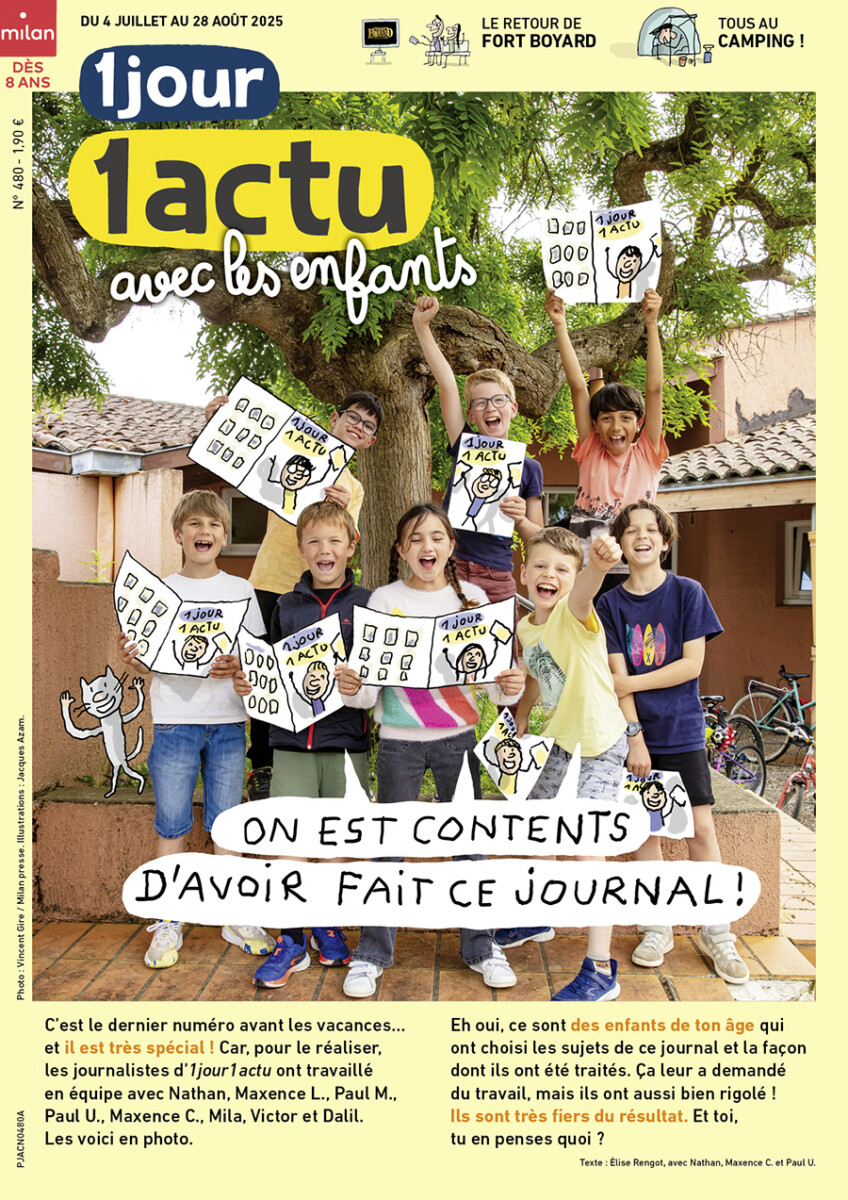 Courverture du journal 1jour1actu n° 480. Une photo du groupe des enfants qui ont travaillé sur le numéro et ce titre : On est contents d'avoir fait ce journal !