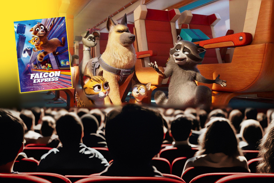 Une salle de cinéma. On voit les spectateurs de dos. Sur l'écran, une image du film Falcon Express. Et sur la gauche sur un fond jaune fondu, l'affiche du film.