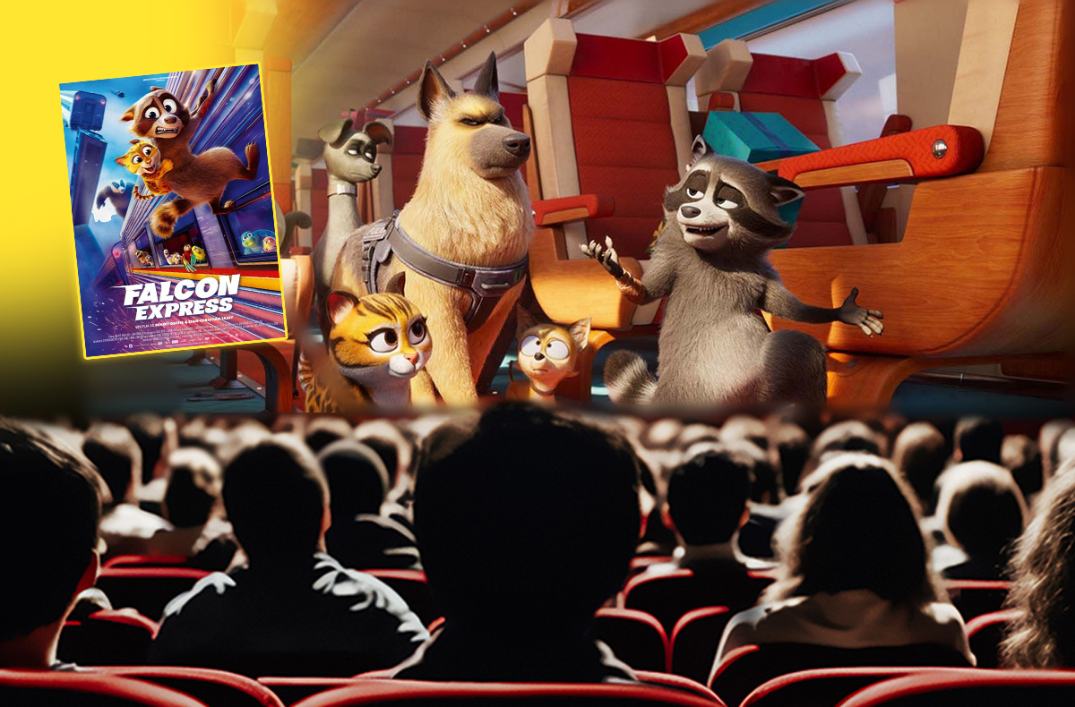 Une salle de cinéma. On voit les spectateurs de dos. Sur l'écran, une image du film Falcon Express. Et sur la gauche sur un fond jaune fondu, l'affiche du film.