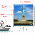 La Statue de la Liberté est présentée dans un tableau avec un bateau à côté.