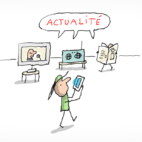 Une personne regarde l'actualité sur son smartphone. En arrière-plan nous voyons que l'actualité est aussi disponible sur la télévision, dans les journaux et à la radio.
