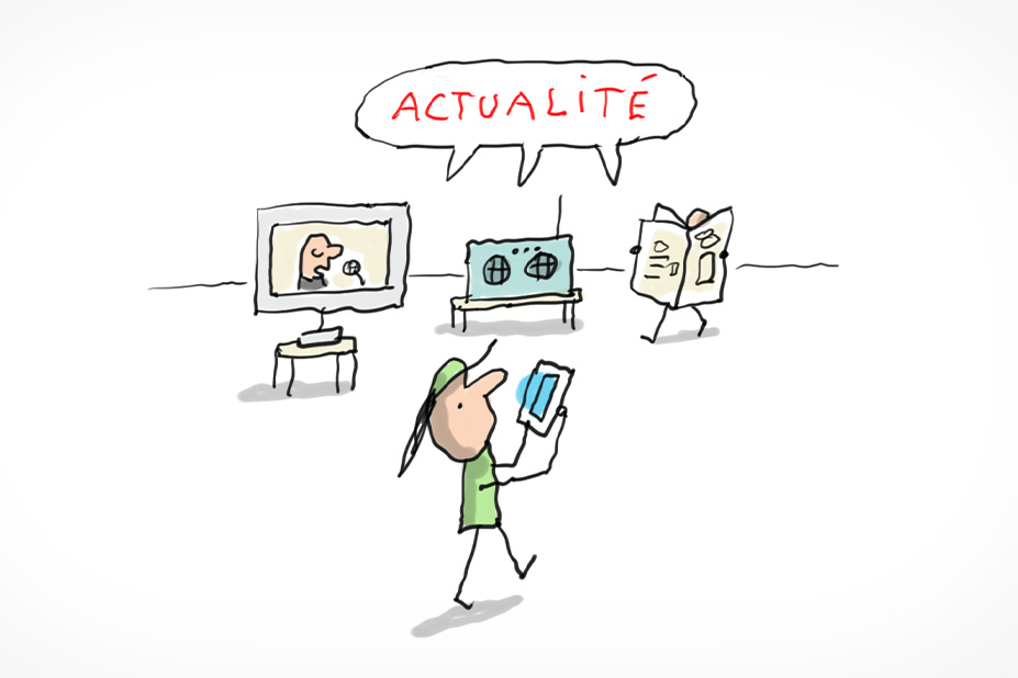 Une personne regarde l'actualité sur son smartphone. En arrière-plan nous voyons que l'actualité est aussi disponible sur la télévision, dans les journaux et à la radio.