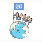 Des gens du monde entier sont debout sur la Terre tenant le drapeau de l'ONU.