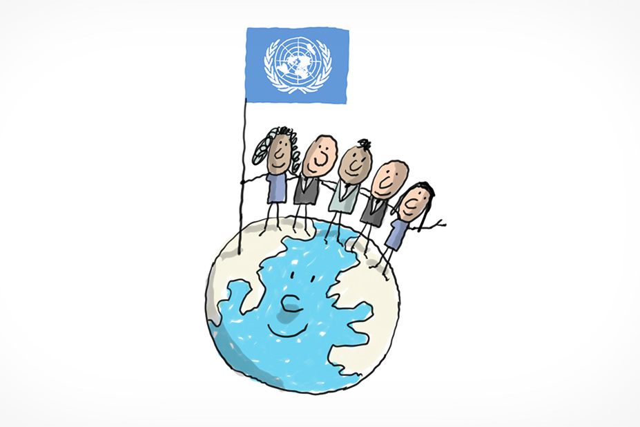Des gens du monde entier sont debout sur la Terre tenant le drapeau de l'ONU.