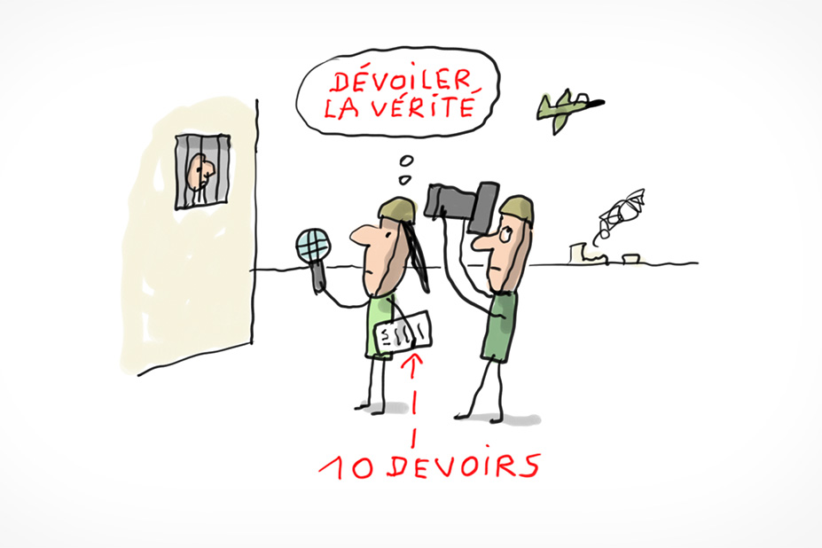 Deux journalistes sont devant une prison. Un tient un micro et l'autre tient la caméra. Ils doivent respecter les 10 devoirs des journalistes.
