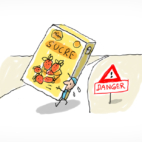 Un bonhomme porte un immense paquet de sucre, il y a un panneau danger à côté de lui.