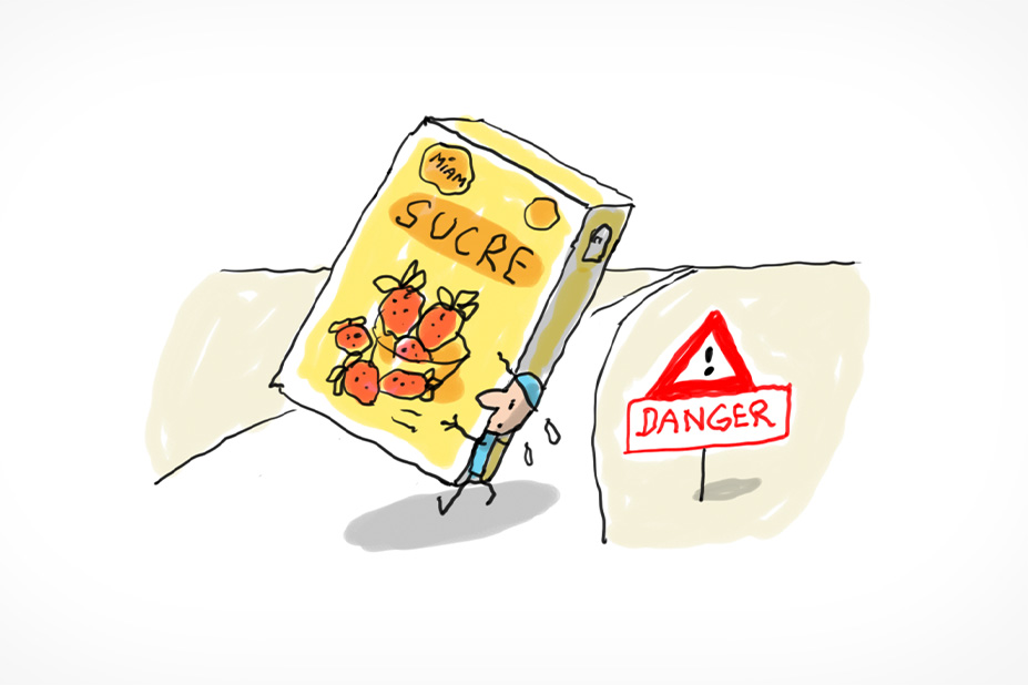 Un bonhomme porte un immense paquet de sucre, il y a un panneau danger à côté de lui.