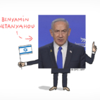 Une photo de Netanyahou est mise en scène. Il tient le drapeau d'Israël.