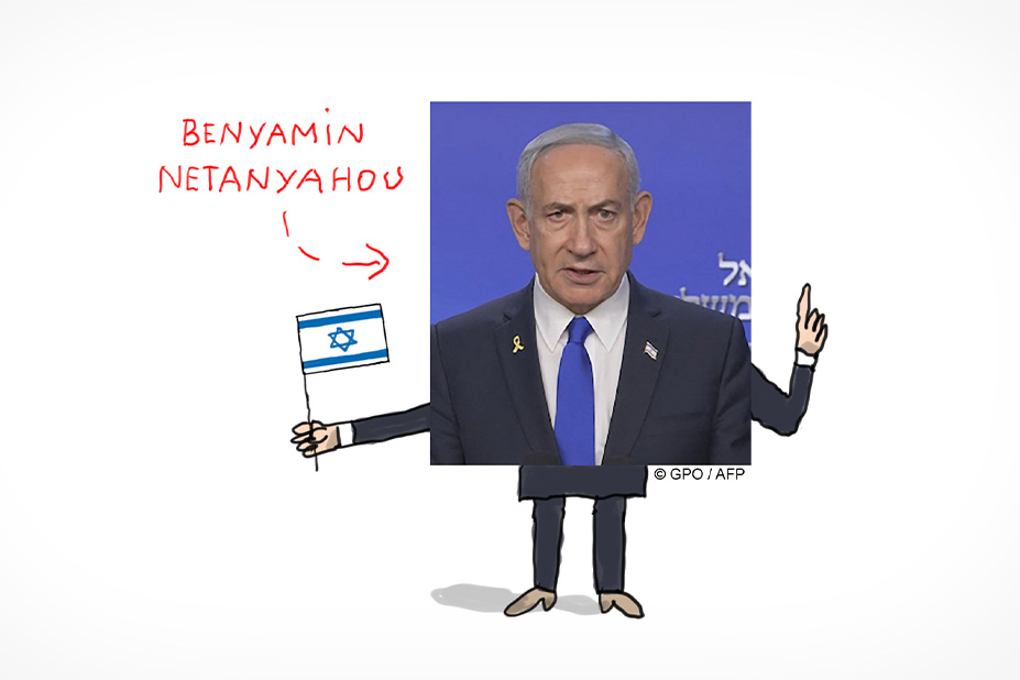 Une photo de Netanyahou est mise en scène. Il tient le drapeau d'Israël.