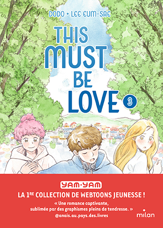 Couverture du webtoon 'This Must Be Love' de Dodo et Lee Eun-Sae, montrant trois personnages au premier plan, visages floutés, avec une ville entourée de verdure en arrière-plan et une bande rouge 'Yam-Yam' en bas.