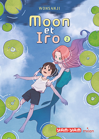 Couverture du livre 'Moon et Iro 2' de Wonsanji, montrant un garçon et une sirène nageant parmi des nénuphars.