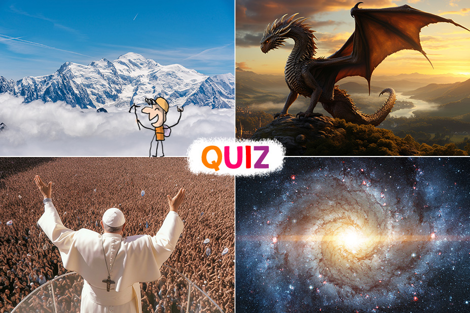 Image divisée en quatre sections autour du mot "QUIZ" écrit en lettres colorées (orange et rose) au centre. En haut à gauche : illustration cartoon d’une personne levant les bras devant des montagnes enneigées sous un ciel bleu. En haut à droite : image réaliste d’un dragon aux ailes déployées sur une colline au coucher du soleil. En bas à gauche : photo d’une foule rassemblée devant le pape qui leur fait face, bras levés. En bas à droite : image d’une galaxie spirale lumineuse dans l’espace.