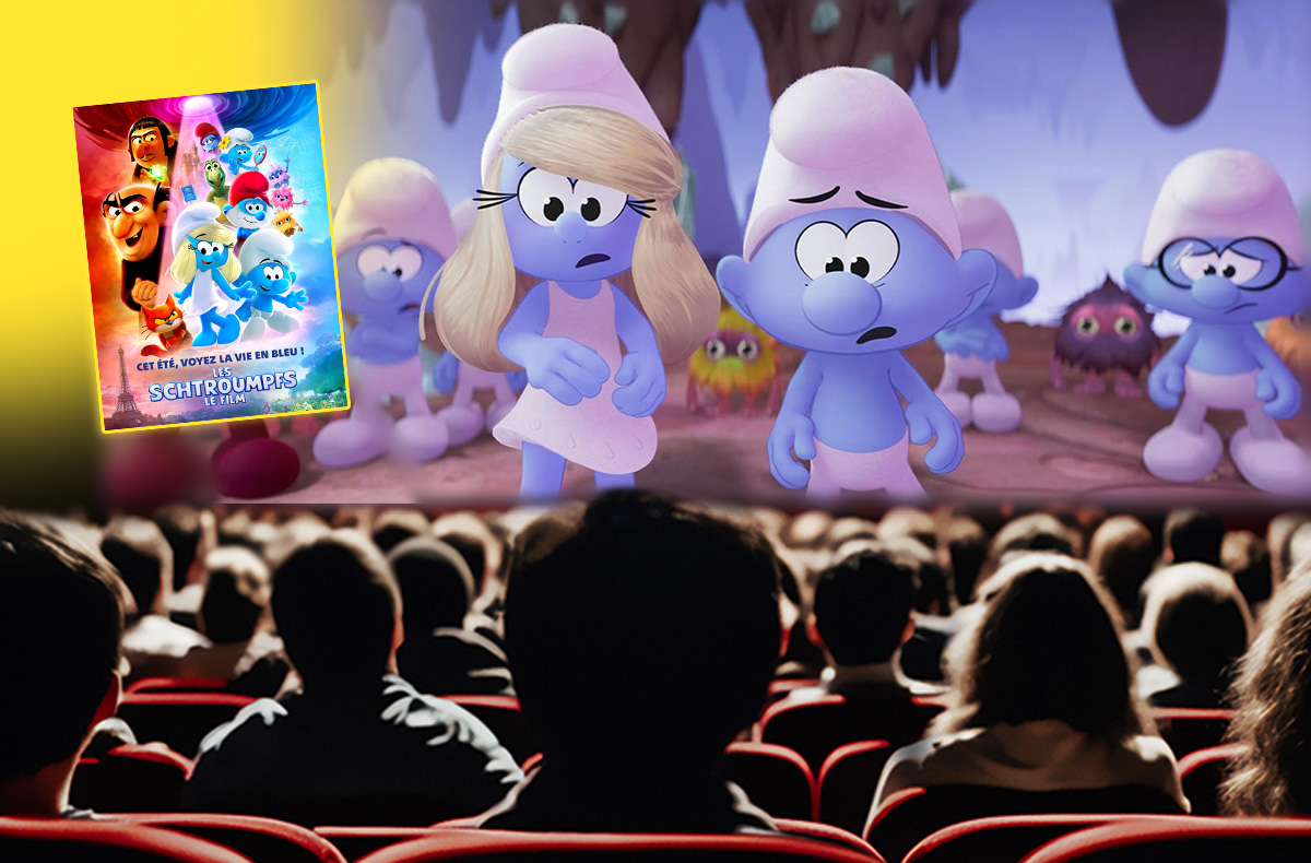 Salle de cinéma avec des spectateurs regardant un film des Schtroumpfs, affiche du film visible à gauche