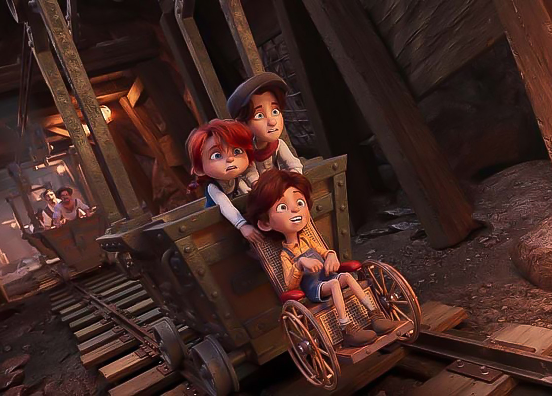 Dans une mine sombre, plusieurs enfants sont assis dans des wagonnets sur des rails. Le wagonnet à l’avant contient trois enfants, dont l’un est en fauteuil roulant fixé au wagon. Les visages sont floutés. En arrière-plan, d’autres enfants sont visibles dans un second wagonnet. La scène est entourée de structures en bois et en métal typiques d’une galerie minière.