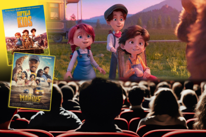 Vue intérieure d'une salle de cinéma où des spectateurs assistent à la projection d’un film d’animation. L’écran affiche trois personnages animés dans un décor naturel avec montagnes en arrière-plan. Deux affiches de films, 'Buffalo Kids' et 'Manos', sont visibles en surimpression.