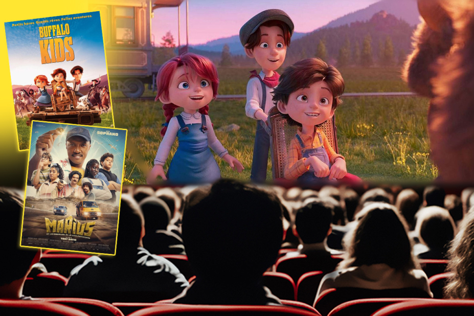 Vue intérieure d'une salle de cinéma où des spectateurs assistent à la projection d’un film d’animation. L’écran affiche trois personnages animés dans un décor naturel avec montagnes en arrière-plan. Deux affiches de films, 'Buffalo Kids' et 'Manos', sont visibles en surimpression.
