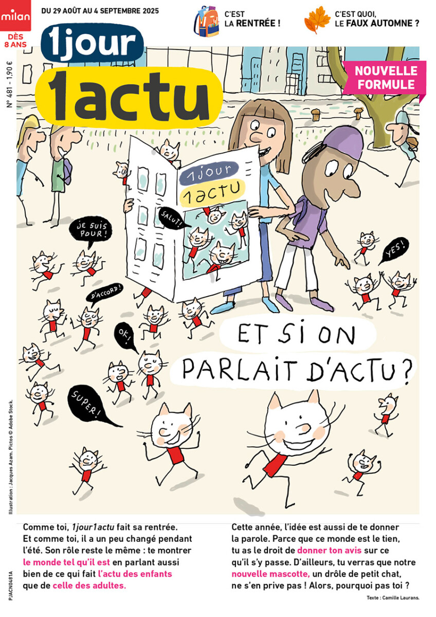 La Une du numéro 481 qui présente la nouvelle formule avec notre nouvelle mascotte. C'est un chat au t-shirt rouge qui sort du journal.
