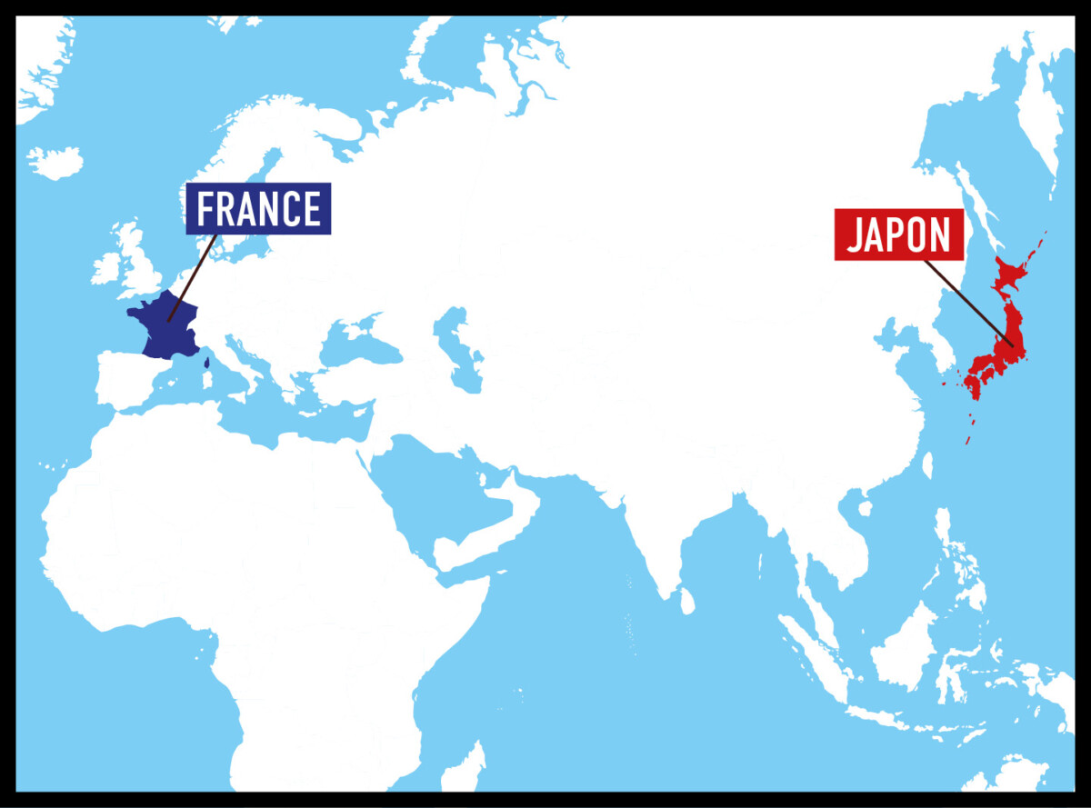 Carte montrant le Japon et la France