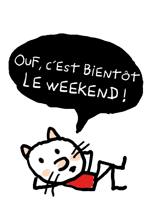 le chat, mascotte d'1jour1actu, allongé et disant "Ouf, c'est bientôt le week-end"