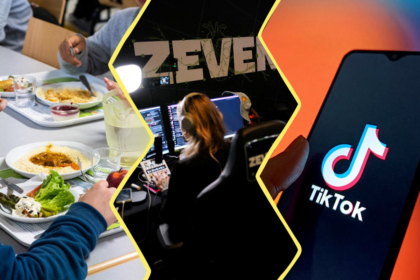 image composée de 3 photos. À gauche : une vue du dessus de plateaux remplis à la cantine. Au centre, une photo de ZEvent avec une femme de dos devant des écran. À droite, une main tenant un téléphone avec le logo de TikTok au centre.