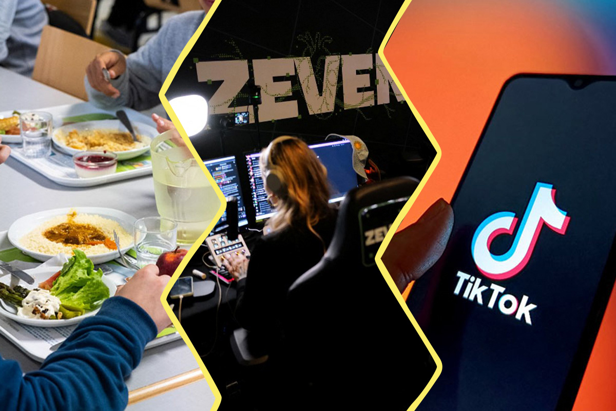 image composée de 3 photos. À gauche : une vue du dessus de plateaux remplis à la cantine. Au centre, une photo de ZEvent avec une femme de dos devant des écran. À droite, une main tenant un téléphone avec le logo de TikTok au centre.