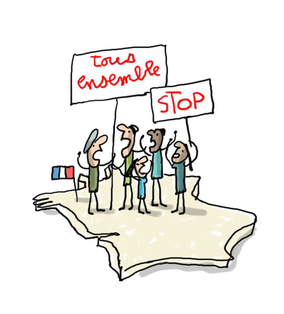 gif montrant des personnages manifestant sur une carte de France
