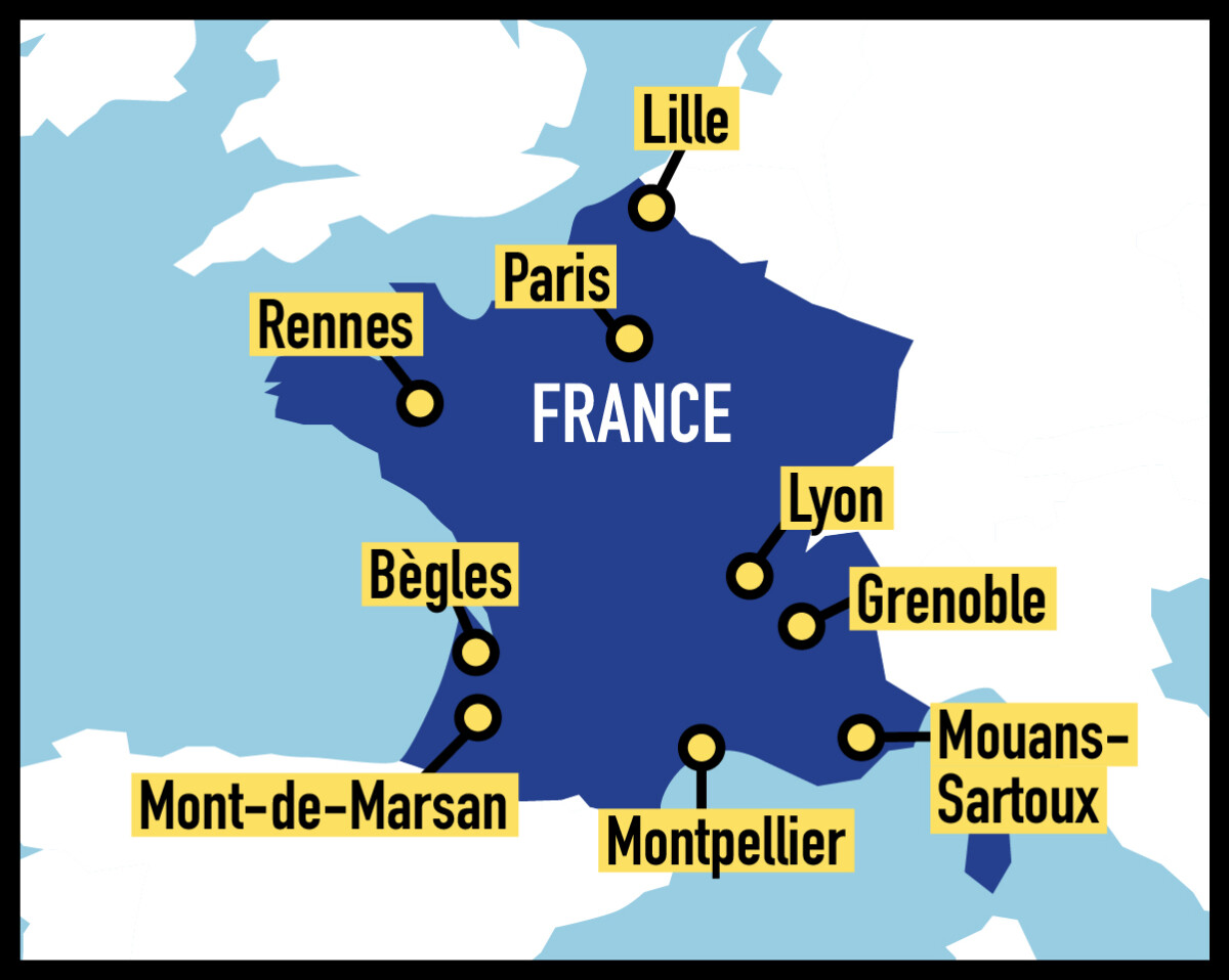 Carte de France positionnant les 9 villes mentionnées dans le texte.