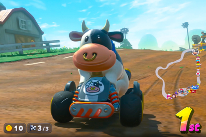 capture d'écran du jeu mario kart avec la vache Meuh Meuh en pleine course.